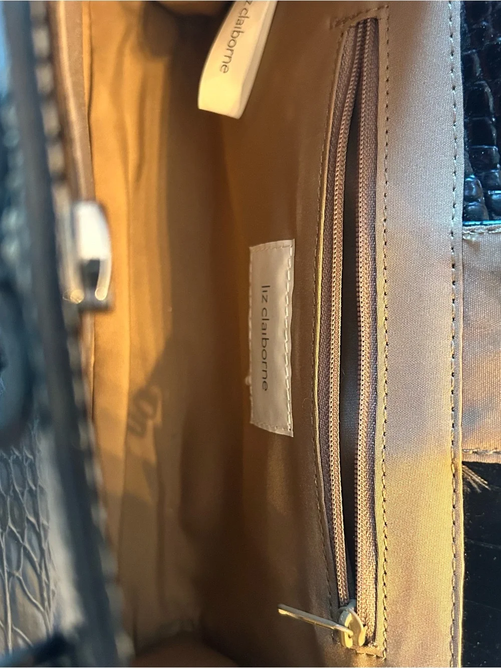 Y2K Liz Claiborne Black Croc-Embossed Patent Tote Handbag